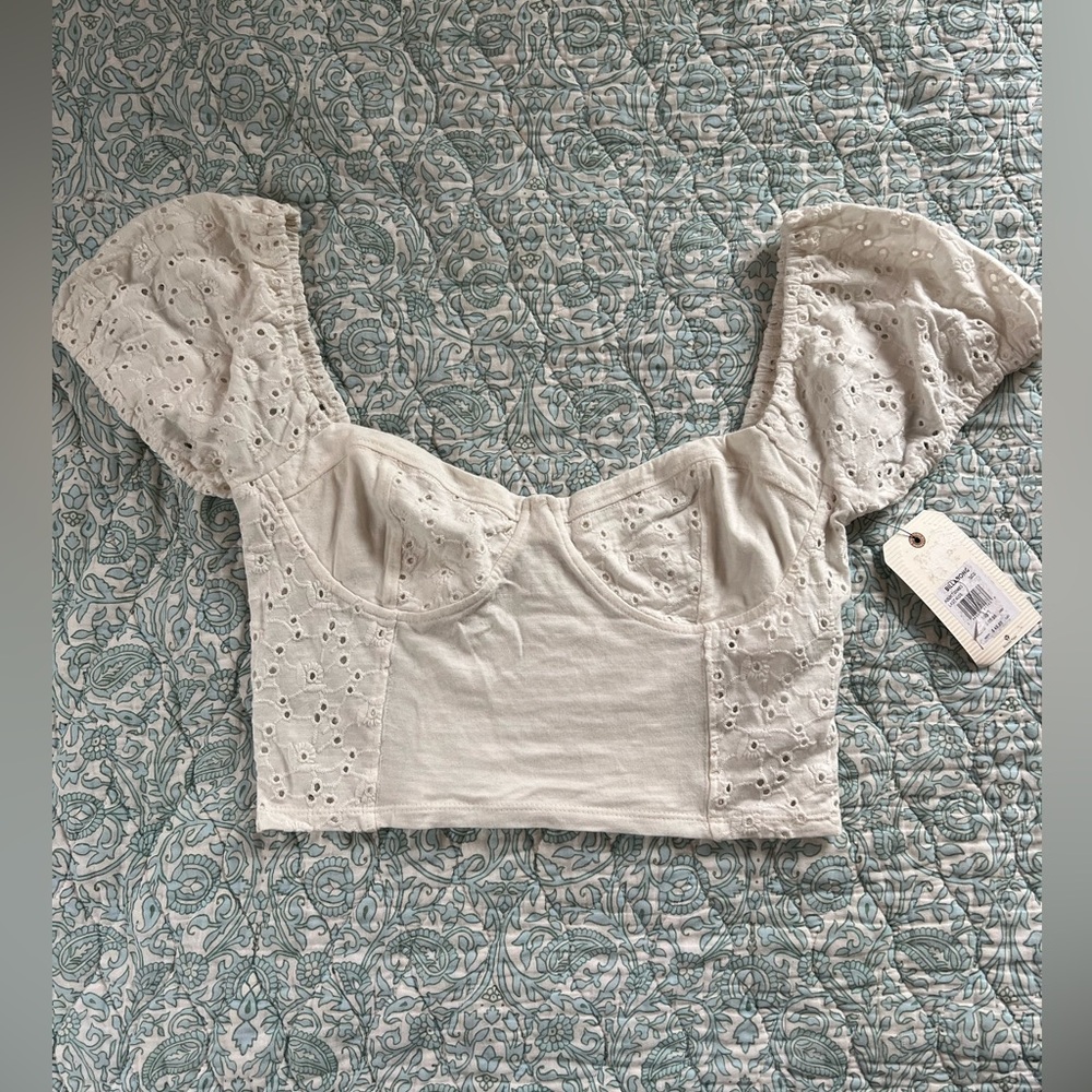 Billabong Last Kiss Cream Eyelet Puff Sleeve Crop Top